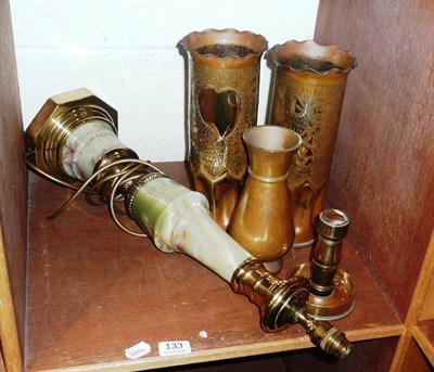 Lot 133 - Brass and onyx table lamp, pair of brass shell cases dated 1914, vase and a table lighter