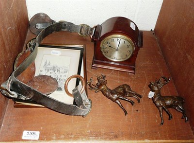 Lot 135 - Carved barometer, pair of stag ornaments, mantel clock, warming pan, cigarette cards and a 19th...