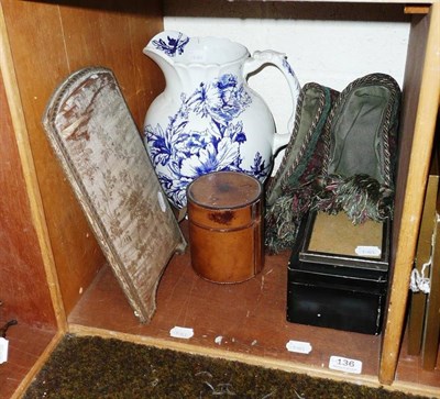 Lot 136 - Oak stool cushion cover, toilet jug, collar box, lacquer box, photograph frame and a folding...