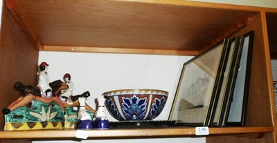 Lot 138 - Framed hunting prints, plated oval dish, reproduction Staffordshire figures and Bursley ware bowl