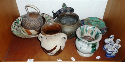 Lot 144 - Various pottery vessels, walking stick, ethnographica, Carltonware bowl, Doulton bowl and water...