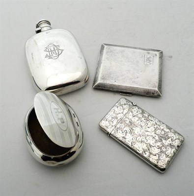 Lot 149 - Silver hip flask, silver card case, silver cigarette case and an oval snuff box (4)