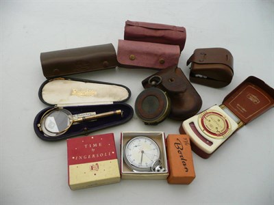 Lot 183 - Two plated pocket watches, spectacles and camera light meters