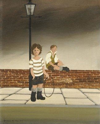 Lot 936 - Brian Shields "Braaq" (1951-1997) Young Boy (The Artist) Standing Holding a Hoop, Another Boy...