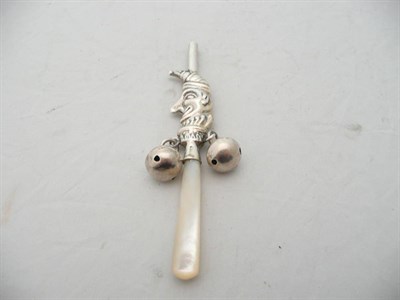 Lot 187 - Silver and mother-of-pearl rattle, whistle and teether