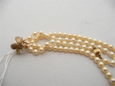 Lot 188 - A cultured pearl necklace and bracelet and a bug brooch (3)