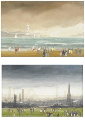 Lot 937 - Brian Shields "Braaq" (1951-1997) Figures on a Beach, sailing boats off a coastline and a...