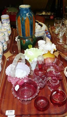 Lot 196 - Two trays of decorative ceramics and glass including cranberry, vaseline glass, Staffordshire...