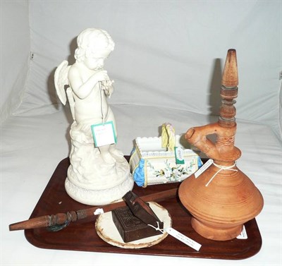 Lot 197 - A Parian figure of Cupid, a Paris porcelain posy basket, a terracotta hookah and a Bavarian oak...