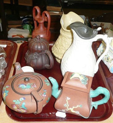 Lot 199 - A tray of ceramics including a Ridgway relief moulded jug, a Till teapot and cover etc and two...