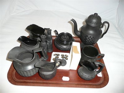 Lot 202 - A black basalt coffee pot, Cyples small teapot and cover. Five various jugs. A pair of Wedgwood...