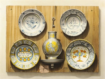 Lot 940 - Christopher John Harrison R.A. (b.1945) Trompe l'Oeil of 17th Century Delft Ware Signed with...