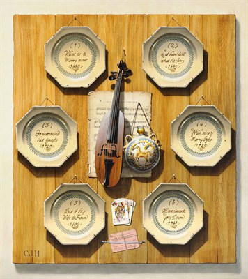 Lot 941 - Christopher John Harrison R.A. (b.1945) Trompe l'Oeil depicting six Merry Man plates and a...