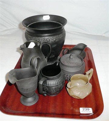 Lot 239 - A Wedgwood black basalt large vase, a small hot water jug, three cream jugs and a Hackwood...