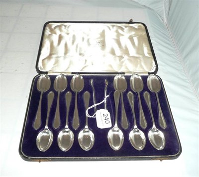 Lot 240 - Twelve Walker & Hall silver spoons and sugar tongs, boxed