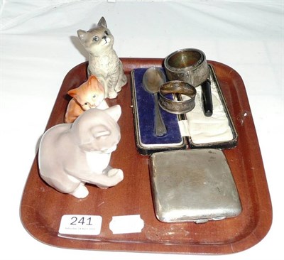 Lot 241 - Two Beswick seated cats, Copenhagen cat, cased silver spoon, silver cigarette case, napkin...