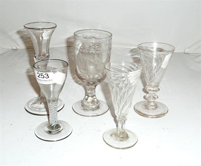 Lot 253 - A Georgian cordial glass with air twist stem, a cordial glass with latticino stem, three other...