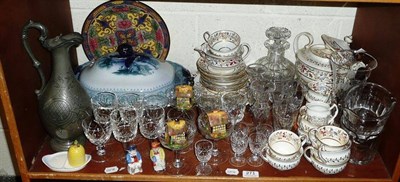 Lot 271 - Shelf including various drinking glassware, part tea set, blue and white tureen and cover,...