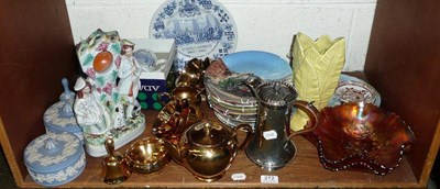 Lot 272 - A shelf of decorative ceramics including a Staffordshire figural watch holder, carnival glass, etc