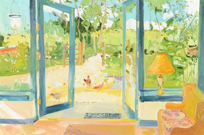 Lot 946 - James Harrigan (b.1937)  View from a Room overlooking a Courtyard and Garden Signed, oil on...