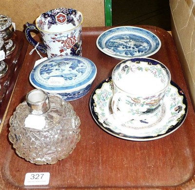 Lot 327 - Mason's Ironstone mug, Chinese butter dish and stand, cup and saucer, scent bottle (no cover)