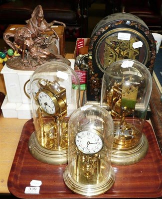 Lot 330 - Three Four Hundred Day clocks under glass domes; a japanned mantel clock - lacks dial; a white...