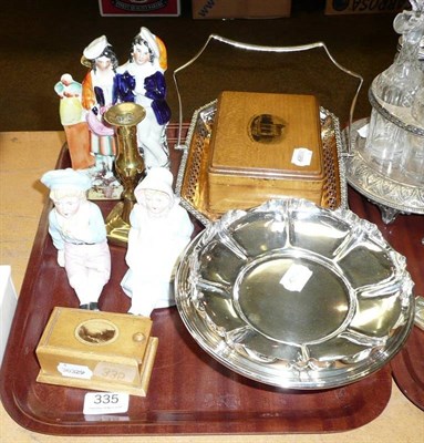 Lot 335 - Staffordshire flatback group, two bisque figures, two Maucheline sycamore boxes, three pieces plate