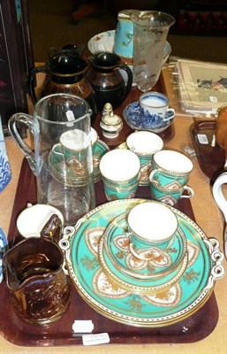 Lot 341 - Two trays of decorative ceramics including a Victorian Majolica hot water jug, cracked, a graduated