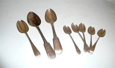 Lot 370 - Two Georgian silver tablespoons, a dessert spoon and five teaspoons