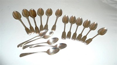 Lot 371 - A set of six Victorian silver fiddle and shell pattern teaspoons, Newcastle 1869; a set of six...