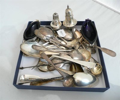 Lot 383 - Box of assorted silver flatwares, pair boat shaped salts with blue glass liners, tongs etc