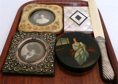 Lot 386 - Embossed frame, circular snuff box and cover, mother of pearl card case, silver mounted ivory...