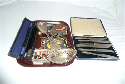 Lot 388 - Tray including chrome car badges, silver handled knives, miniature medals, pierced silver dish etc