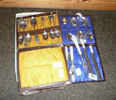 Lot 391 - Two cased part sets of silver teaspoons, two pairs of sugar tongs etc