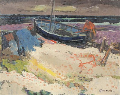 Lot 957 - Reg Gammon R.W.A. (1894-1997) "The Blue Boat" Signed, inscribed verso, oil on board, 36cm by...