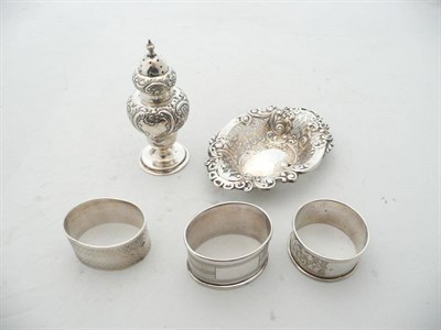 Lot 401 - 19th century silver pepper pot, pin tray and napkin rings