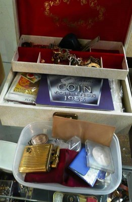 Lot 405 - Assorted costume jewellery, silver charm bracelet, hoop earrings, gold jewellery, coins, stamps and