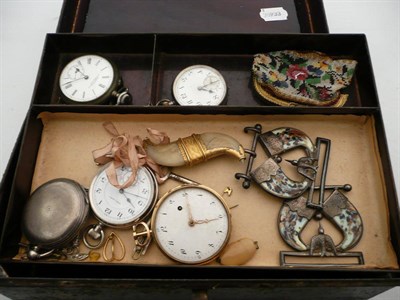 Lot 414 - A gold fusee pocket watch, four other pocket watches, a tiger's claw brooch, a plated and agate...