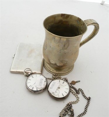 Lot 417 - A violin with two bows, cased, two pocket watches with albert chains, a Rotherham mug and a...