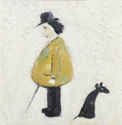 Lot 960 - Laurence Stephen Lowry R.A. (1887-1976) A Figure standing wearing a Yellow Coat and Bowler Hat,...