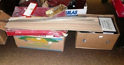 Lot 432 - Three boxes of model trains, Meccano, railway lamp etc