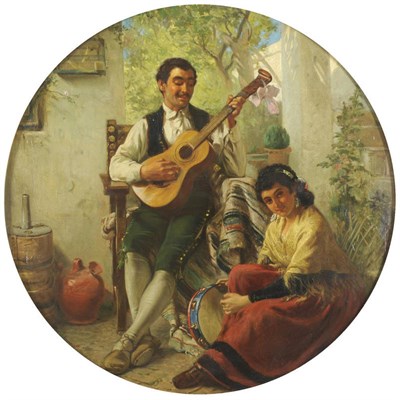 Lot 961 - John Haynes William (1836-1908) "Spanish Musicians", a young Spanish girl holding a tambourine,...