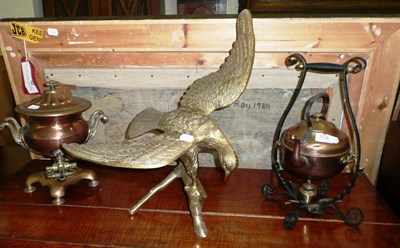 Lot 458 - Brass eagle, copper spirit kettle and a brass and copper samovar