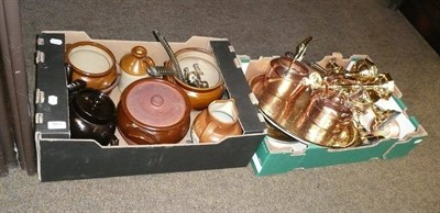 Lot 461 - Assorted brass plates, brass pans, candlesticks, kettles, assorted pottery, etc (in two boxes)