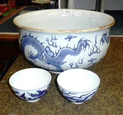 Lot 463 - Large Chinese blue and white bowl and two 20th century Chinese small bowls