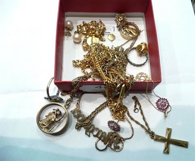 Lot 468 - Two 9 carat gold crucifixes and chains, various gold chains, pair of sapphire set earrings and...