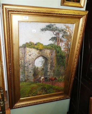 Lot 480 - Framed watercolour, cattle on a path with a figure and a dog