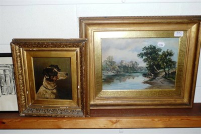 Lot 490 - Framed oil on canvas, cattle watering by Durham Cathedral and framed oil of a terrier (2)