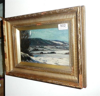 Lot 502 - Circle of  Frederick William Jackson, snow scene, oil on board - label to verso 'First Snow'