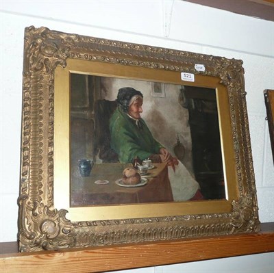 Lot 521 - One D W Haddon oil painting of an old lady seated beside a range